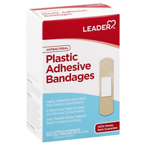 Image for Leader Adhesive Bandages, Antibacterial, Plastic, All One Size,60ea from WHITE CROSS PHARMACY