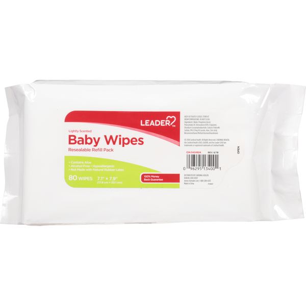 Image for Leader Baby Wipes, Lightly Scented, Resealable, Refill Pack, 80ea from WHITE CROSS PHARMACY